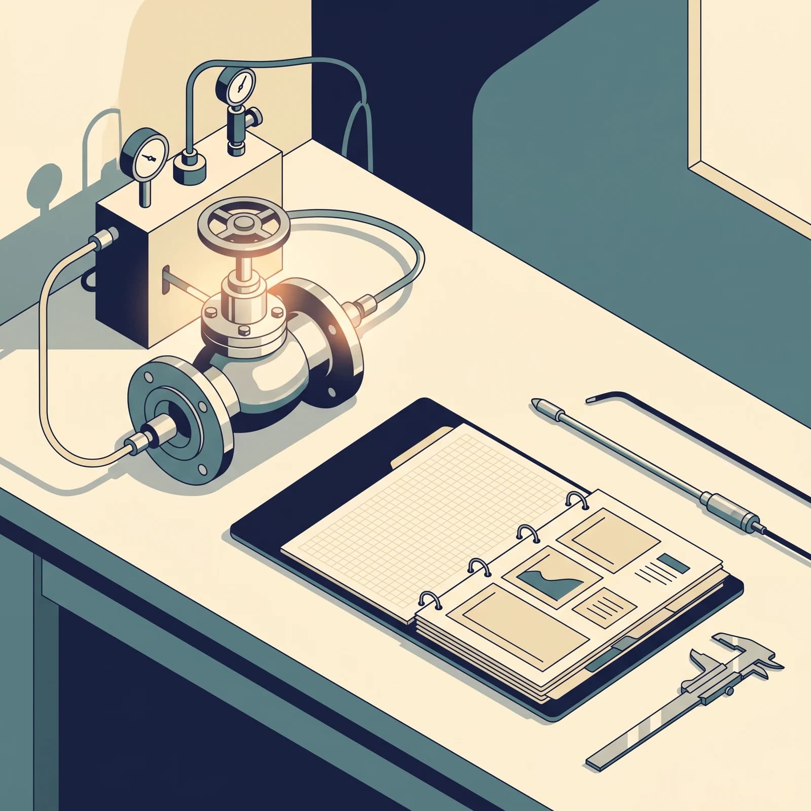 Conceptual illustration of a metal component on a testing bench beside quality-control records.