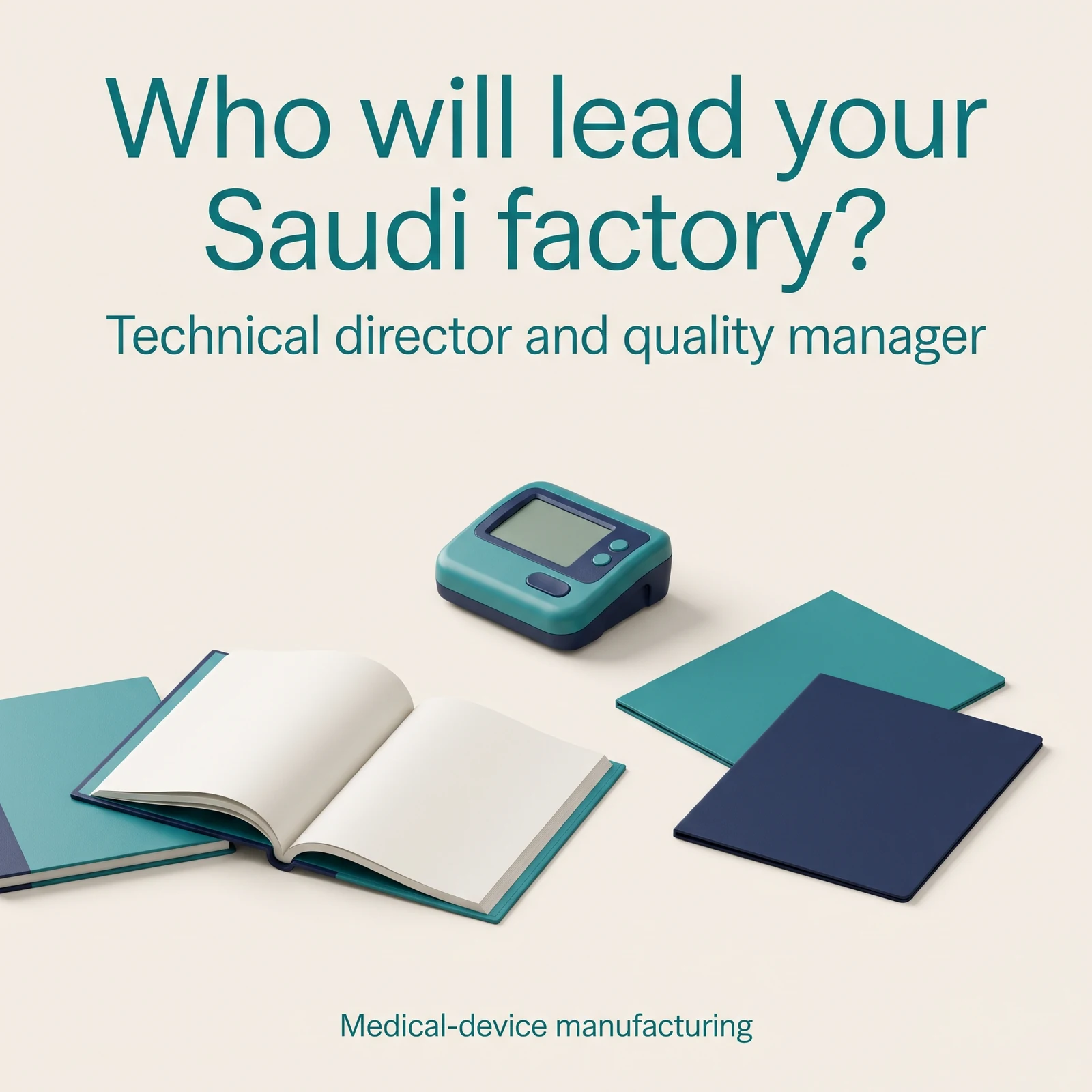 Conceptual medical-device manufacturing workstation with a quality dossier and two personnel folders. Headline asks who will lead the Saudi factory.