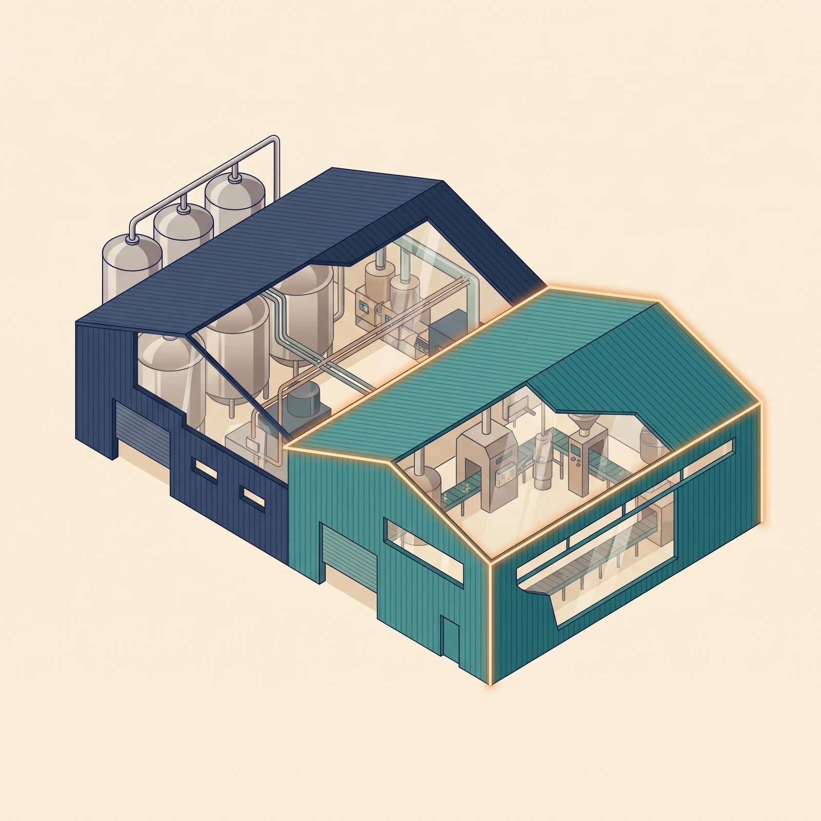 Conceptual illustration of a dairy factory with an additional production wing.