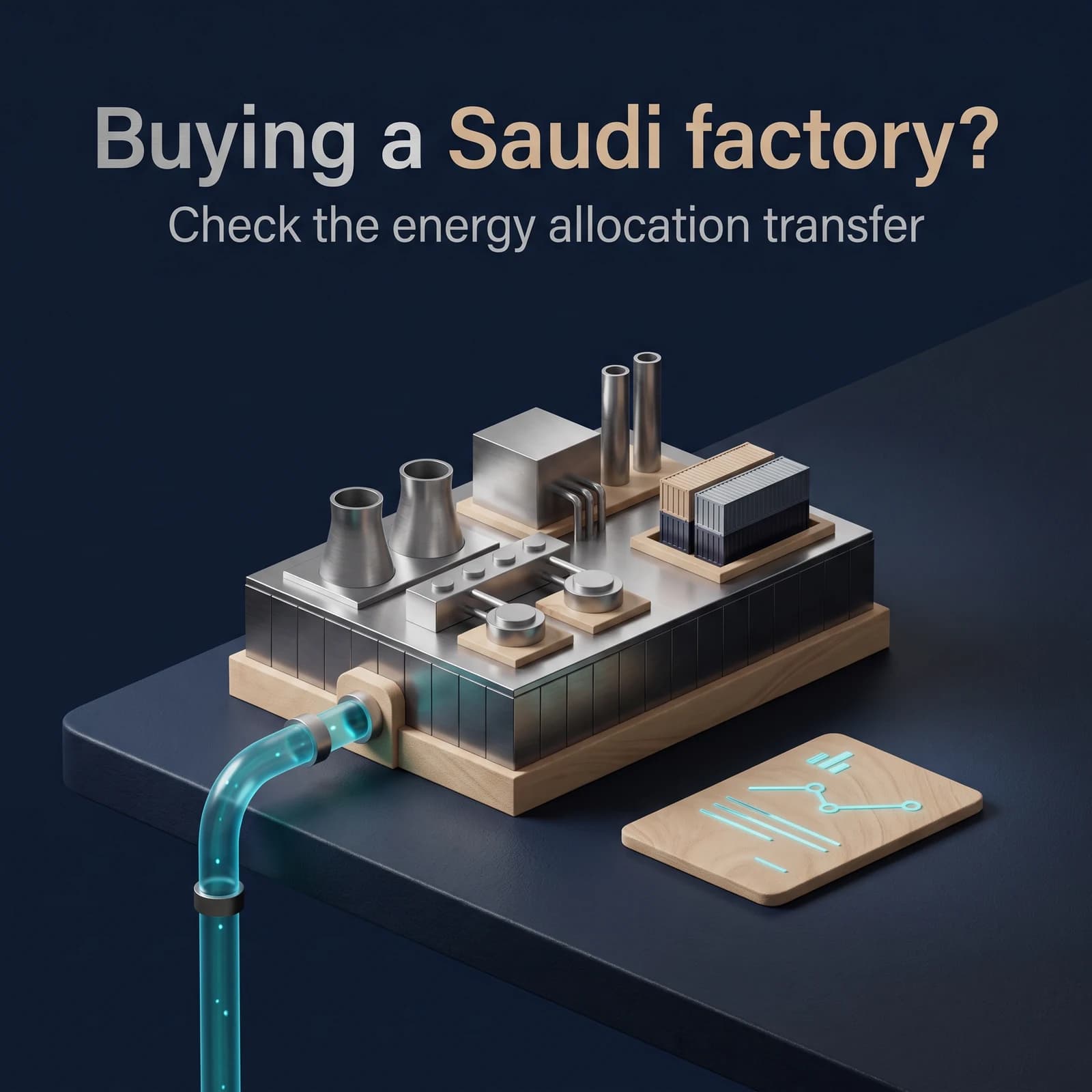 Conceptual Saudi industrial plant model beside an energy pipeline and allocation document. Text asks buyers to check the energy allocation transfer.