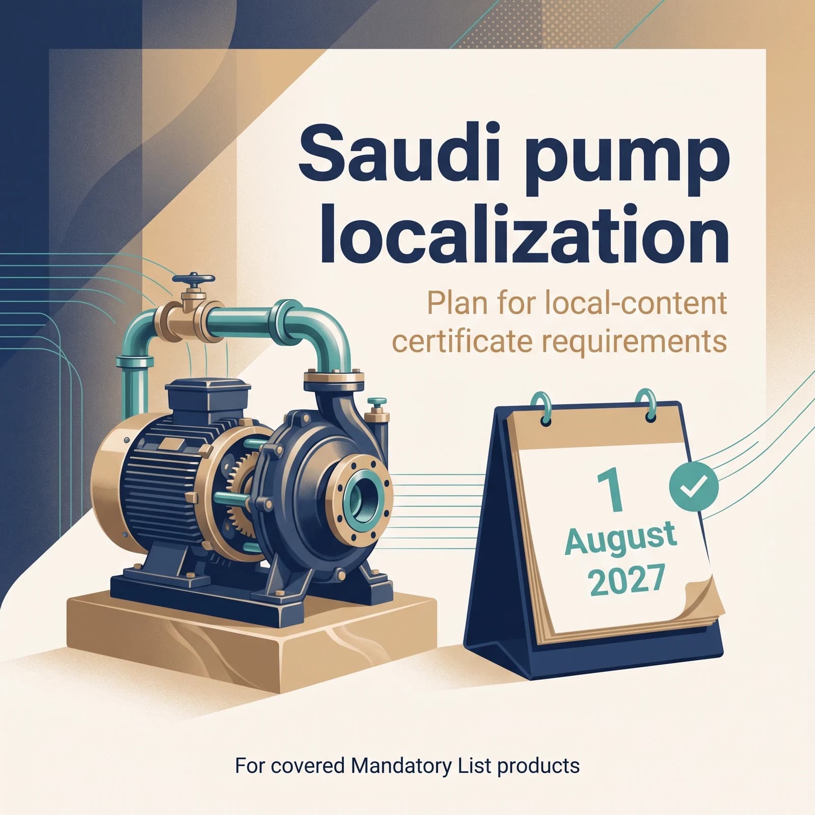 Conceptual industrial water pump beside a calendar card reading 1 August 2027, with a note about covered Mandatory List products.