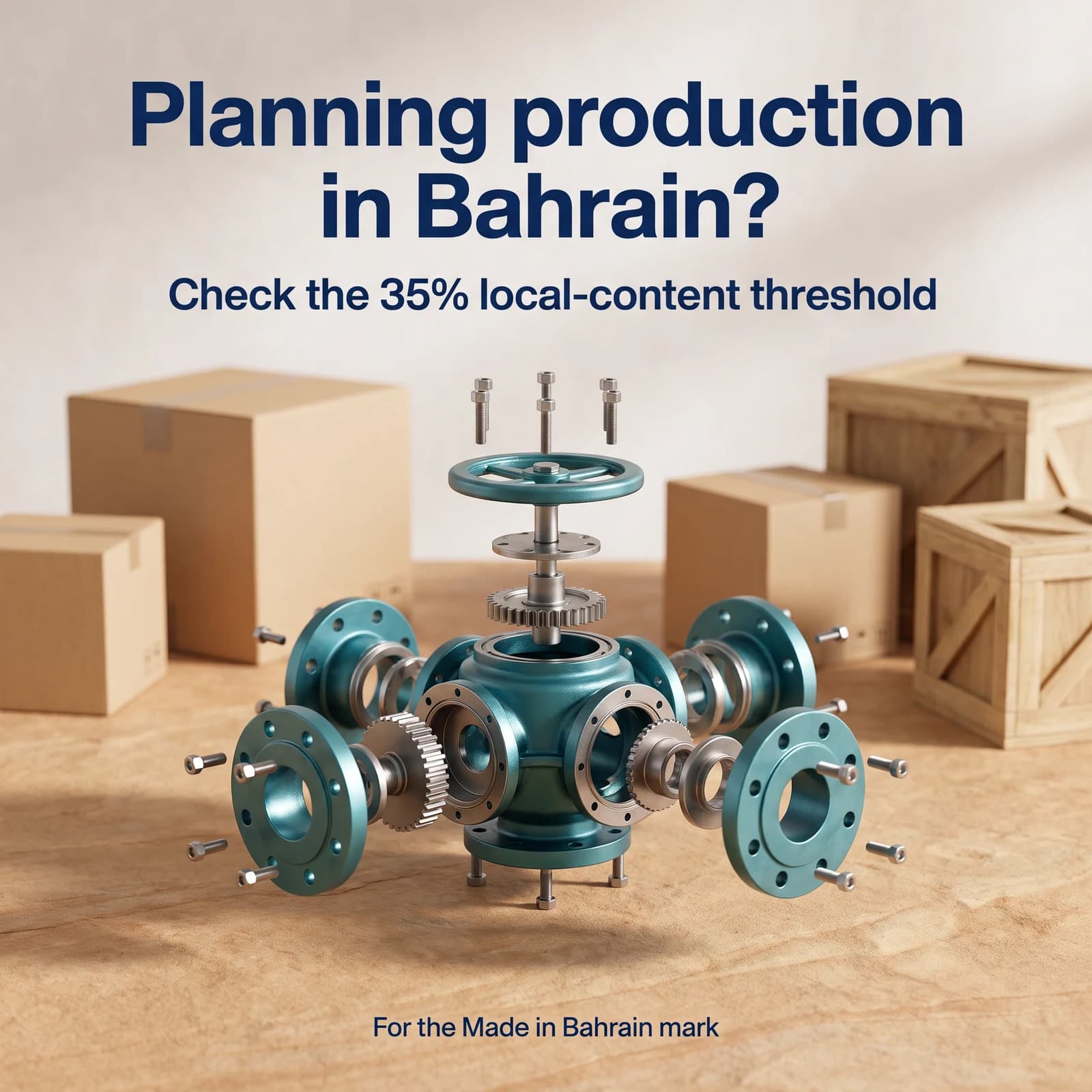 Exploded industrial valve assembly and blank packaging. Text highlights the 35% local-content threshold for the Made in Bahrain mark.