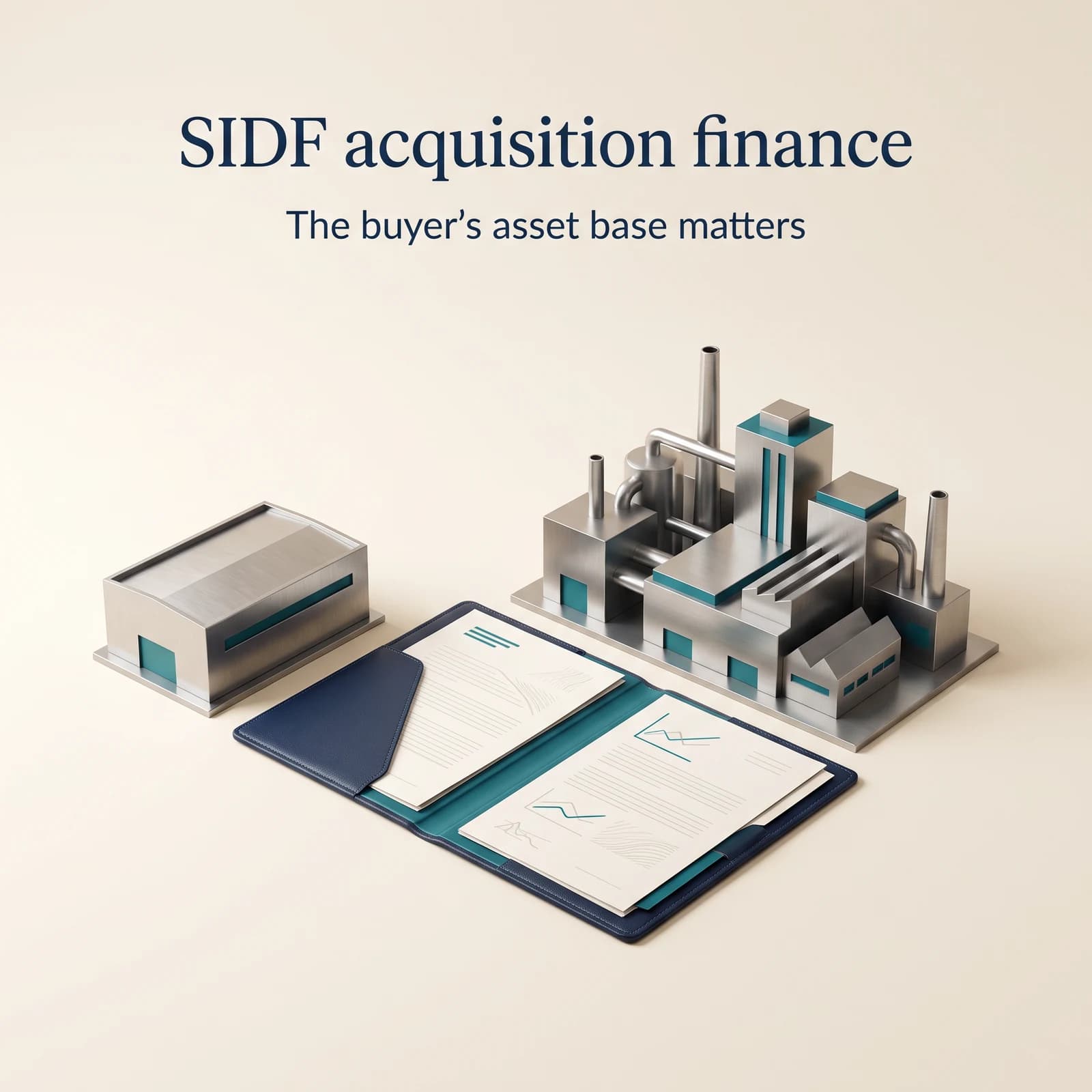 Conceptual models of a smaller factory and a larger industrial group beside a financial dossier. Text says the buyer's asset base matters for SIDF acquisition finance.