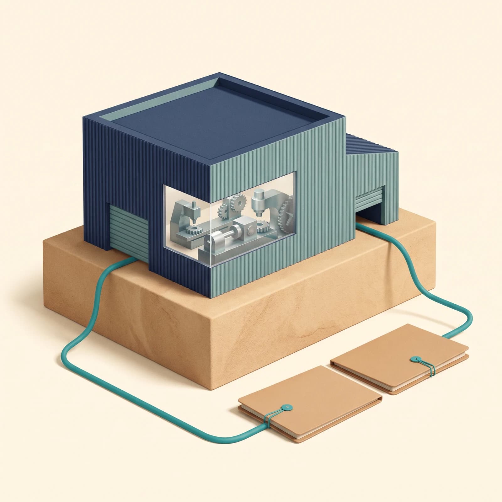 Conceptual illustration of a factory connected to separate shareholder financial-document folders.