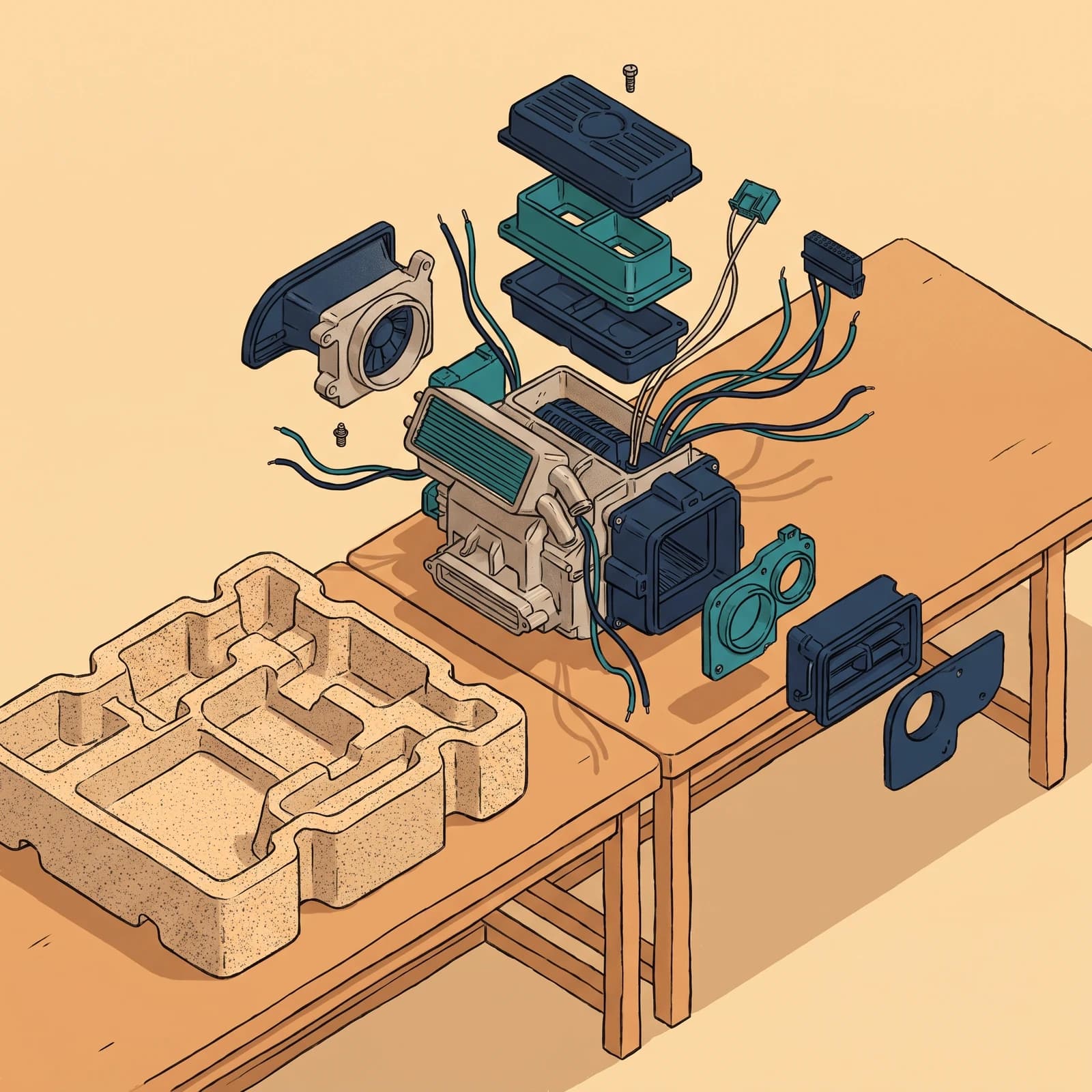 Conceptual illustration of automotive HVAC and molded foam capabilities on connected workbenches.