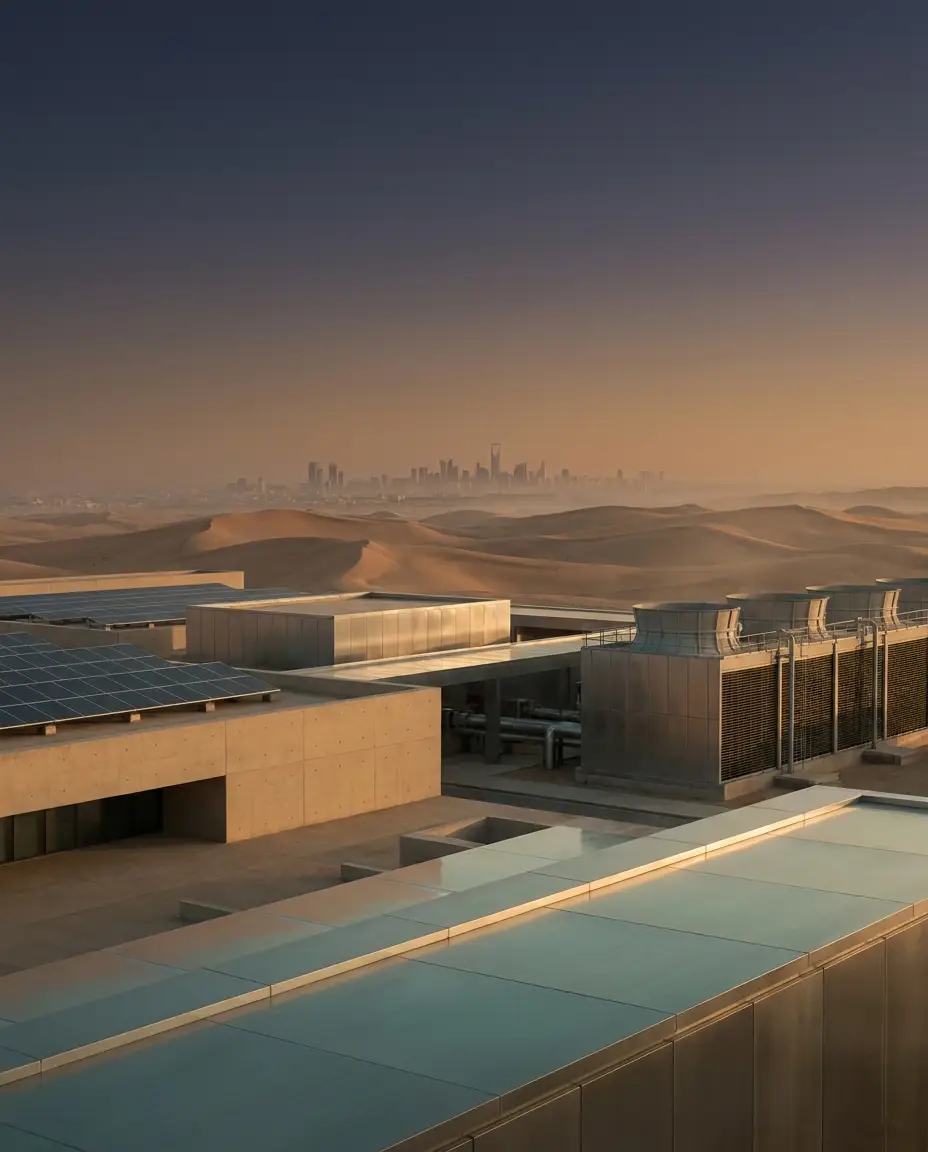 Modern Saudi industrial facility at golden hour with the Riyadh skyline in the distance